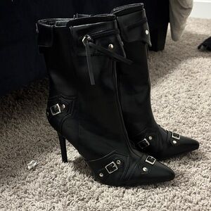 Fashion Nova Black Buckle Heeled Boots